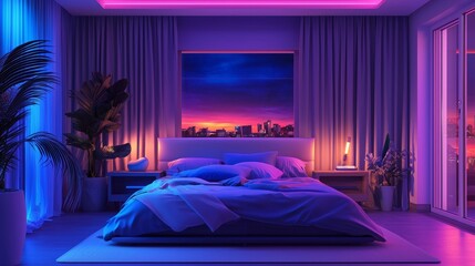 A serene bedroom with AI-optimized sleep tracking, autonomously altering mattress firmness and room lighting based on sleep quality analysis. This room gracefully merges futuristic technology with