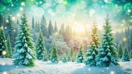 Fototapeta premium A serene winter landscape with a lush green forest and snow-covered trees in soft focus, creating a beautiful bokeh effect
