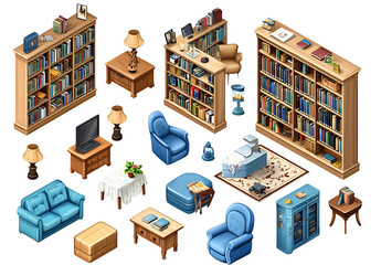 Naklejka premium Cozy living room furniture arrangement home interior digital illustration warm atmosphere top view