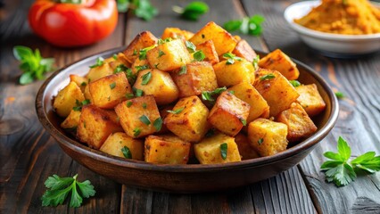 Crispy fried potato cubes in a spicy Lebanese seasoning blend, tasty appetizer