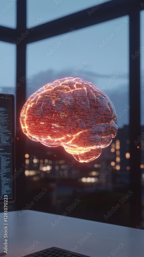 Poster a glowing brain hologram floating above a computer screen in a futuristic workspace situated in an u