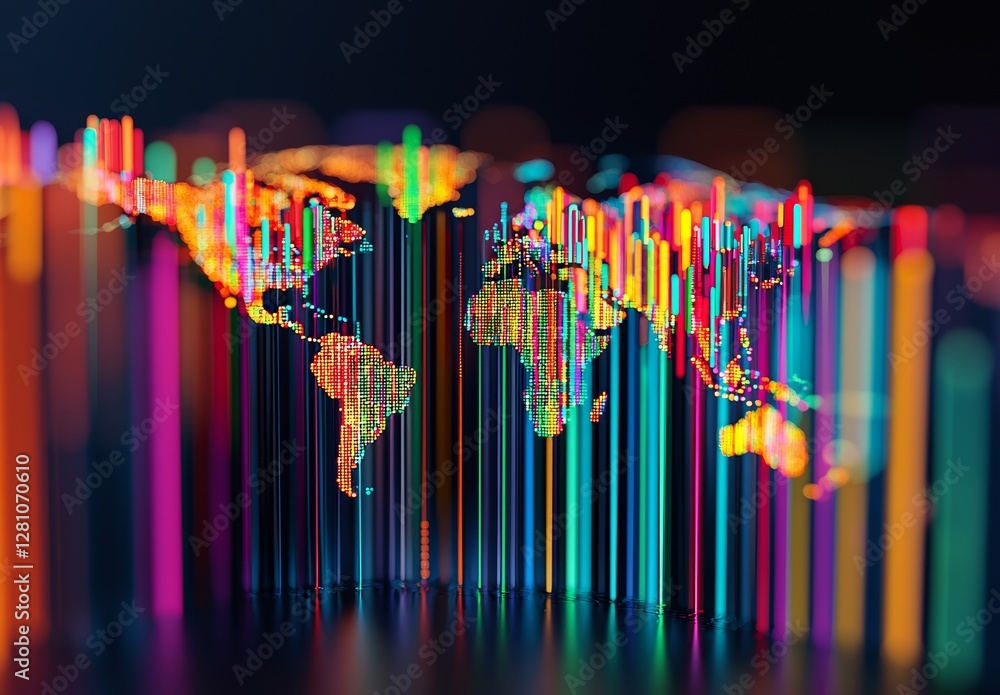 Poster a stylized world map is encircled by a intricate system of lines and dots, symbolizing global interc