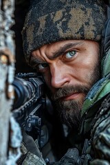 Fototapeta premium Intense Focus of a Sniper in a Concealed Position