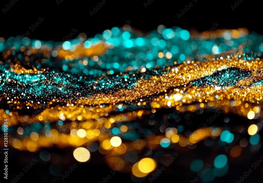 Poster a shimmering surface serves as the backdrop, reflecting blurry glowing lights in an abstract setting