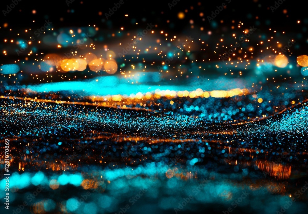 Poster the abstract background features a shimmering surface that reflects a blurry glow of lights