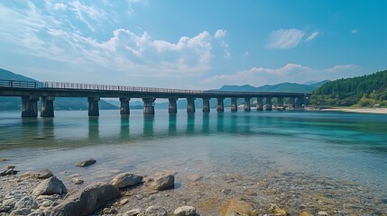 A long bridge gracefully spans over clear turquoise water under a blue sky
