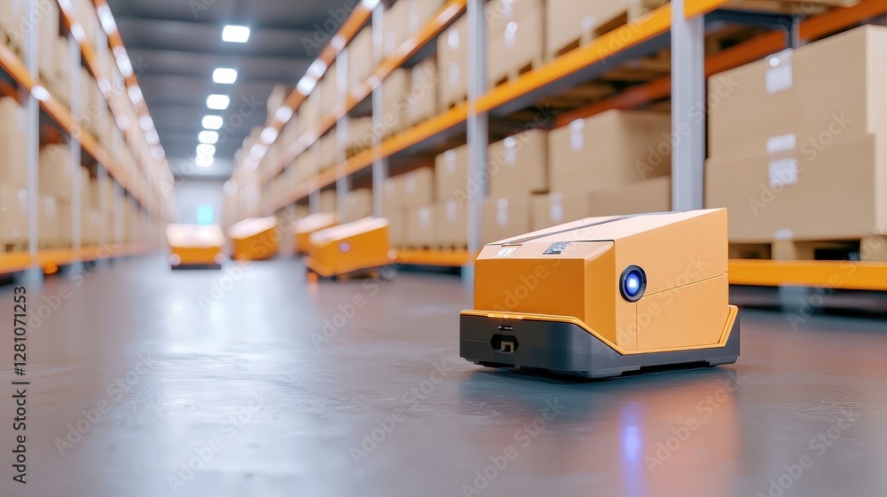 Poster a small, orange automated robot navigates a warehouse filled with stacked cardboard boxes.