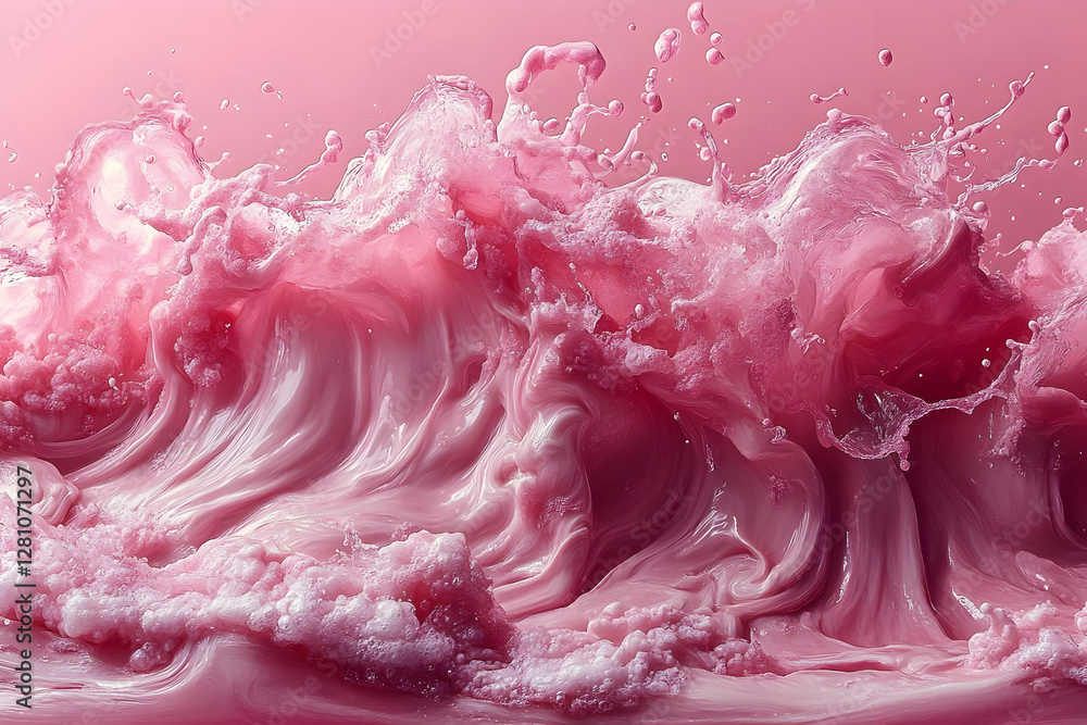 Poster dynamic pink liquid wave with splashes and smooth texture on a pink background