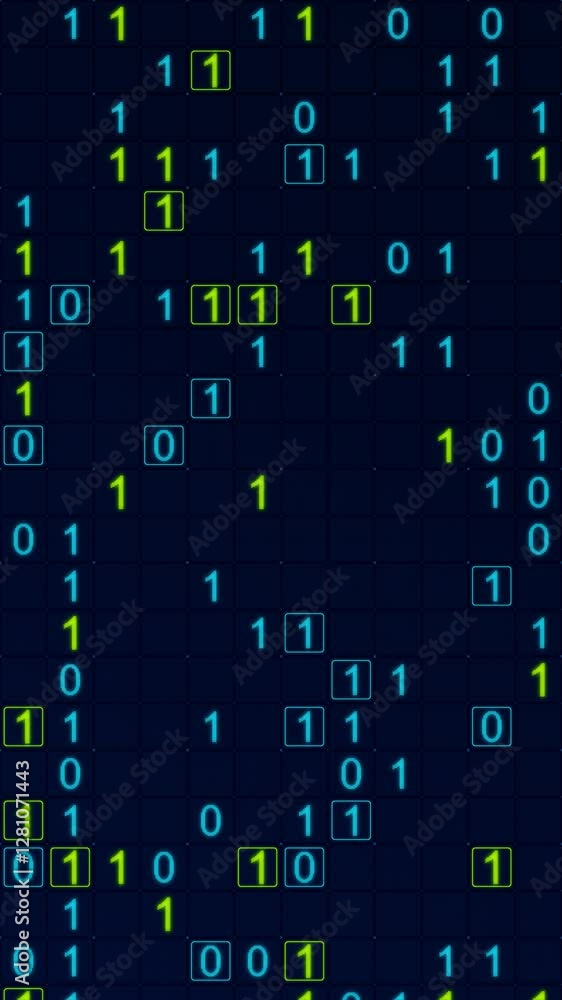 Poster blue glowing binary matrix on a grid. texture animation, vertical composition. technology motion gra