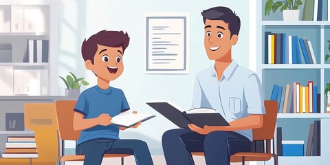 Teacher helping latin boy with assignment in elementary school, classroom support, scholarship and educator aid, explaining or helping male learner in, Generative AI