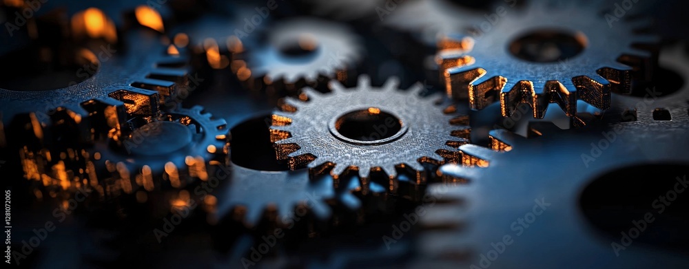 Poster digital wireframe showcasing the assembly of machine gears, presented in advanced high-tech visuals