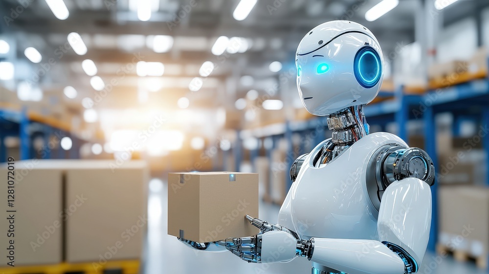 Poster a futuristic robot holds a cardboard box in a warehouse, showcasing advanced technology in logistics