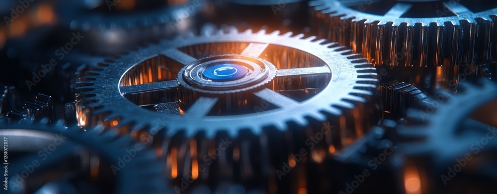 Poster high-tech visuals of a digital wireframe illustrating the assembly of machine gears