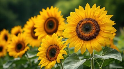 Obraz premium Vibrant Yellow Sunflowers Blooming in a Lush Green Garden on Sunny Day