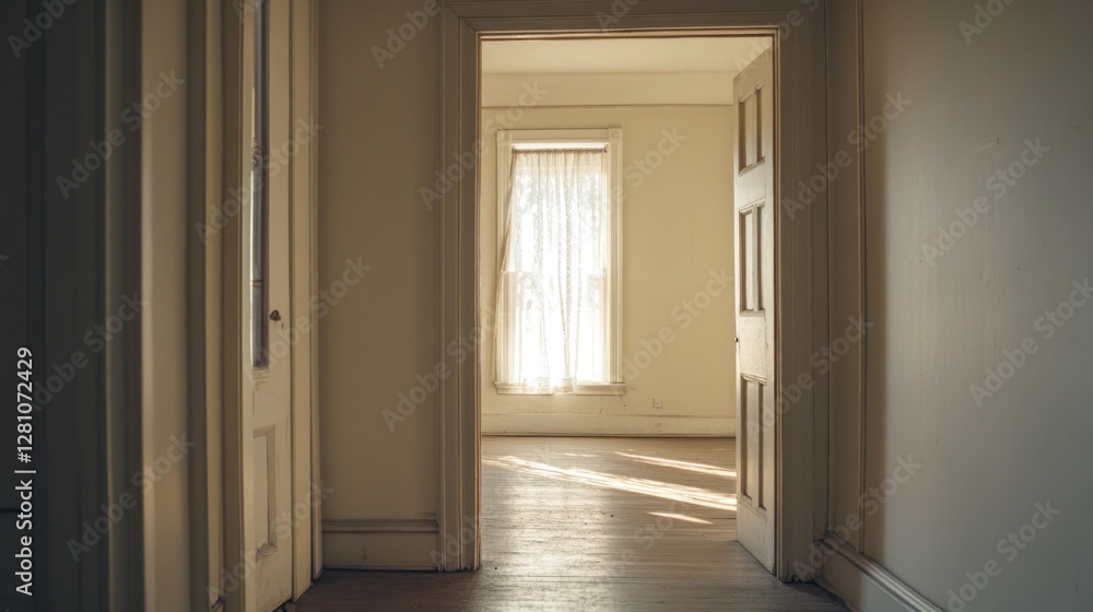 Aufkleber in a tranquil setting, an open door invites soft light into a spacious room. sunlight streams throug