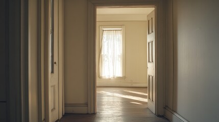 In a tranquil setting, an open door invites soft light into a spacious room. Sunlight streams through sheer curtains, creating a warm, welcoming atmosphere filled with calm