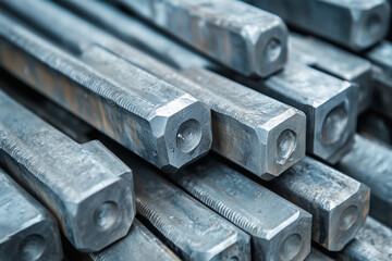 Metal blanks, metal profile on a metallurgical factory plant background.