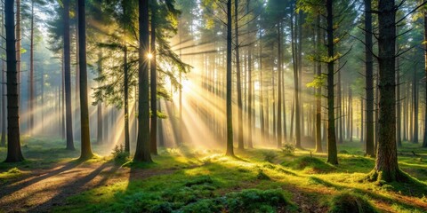 Fototapeta premium Misty forest morning with light beams filtering through dense trees creating shadows and highlights