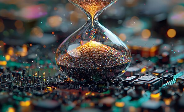 An illuminated hourglass on a circuit board, embodying the concepts of time, technology, and the rapidly evolving digital landscape