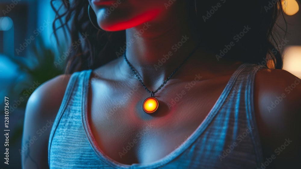 Poster a person is wearing a glowing device around their neck, creating an ambient light effect in a dimly 