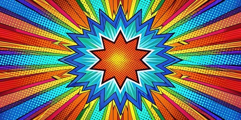 Fototapeta premium Vibrant radial backdrop with stylized comic book-inspired geometric shapes and bold colors creating a dynamic visual effect, abstract geometry, graphic design