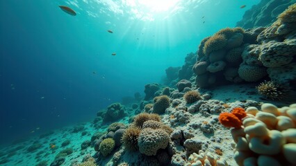 Obraz premium Underwater scene of coral reef impacted by coral bleaching with sunlight 