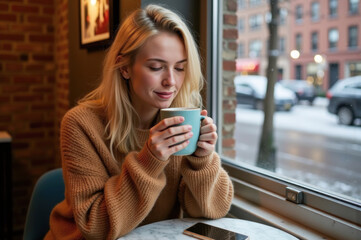 woman enjoying a hot beverage in a café in winter