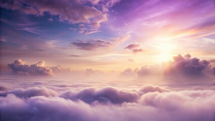 Fototapeta premium Muted lavender mist floats through a sea of wispy cloud formations in soft focus with gentle gradient transitions