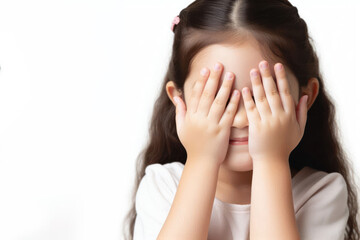 Fototapeta premium child girl hand use hand cover face isolated white background copy space