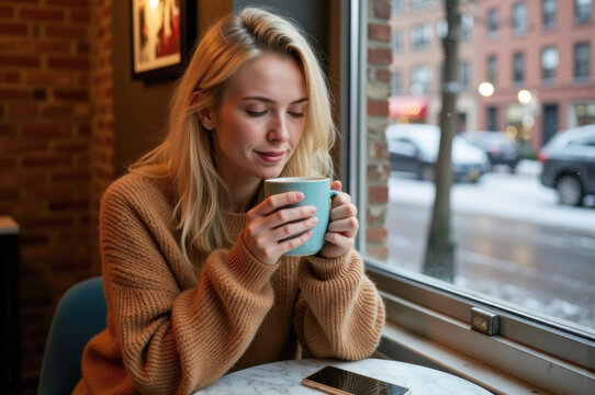 woman enjoying a hot beverage in a caf&eacute; in winter