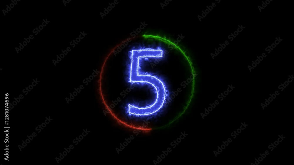 Poster a circle with a green neon icon on a black background and the text 5 in the middle of it.