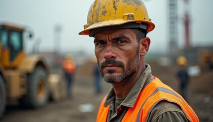 Construction worker in yellow hard hat, orange safety vest stands at active construction site with heavy machinery. Safety, teamwork, and industrial work, construction, labor, and industrial projects.