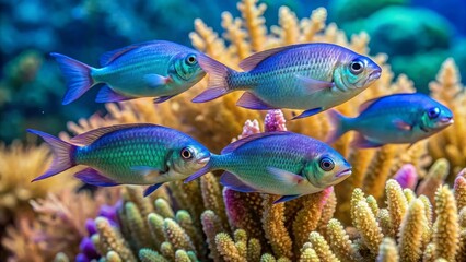 Fototapeta premium Vibrant Reef Inhabitants A School of Iridescent Fish Gracefully Navigating a Coral Garden