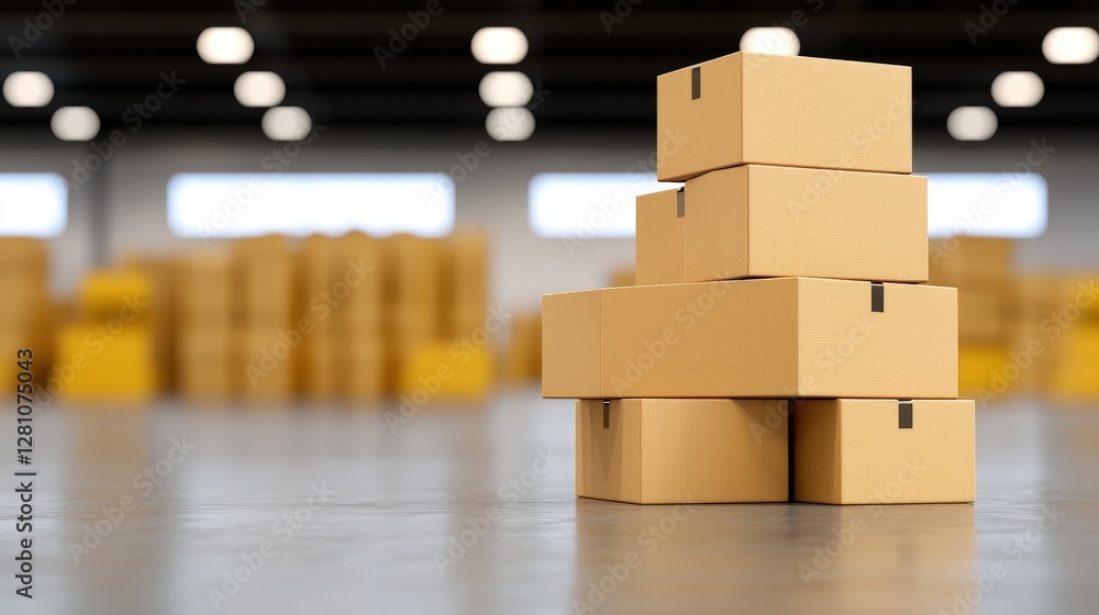 Poster a stack of cardboard boxes in a warehouse setting, with additional boxes blurred in the background, 