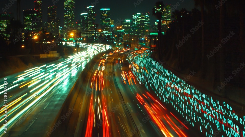 Poster a cityscape made digital with binary code and light trails is depicted