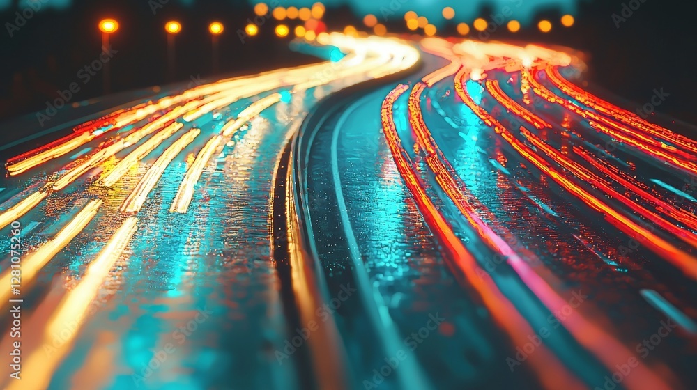 Poster digital cityscape with binary code and light trails’ is a unique artwork title