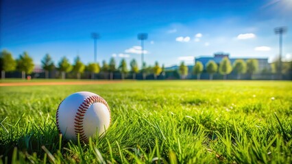 Green grass with baseball field in focus under clear blue sky, baseball field