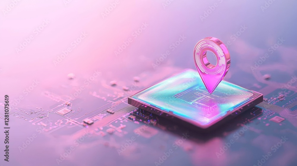 Aufkleber a square holographic surface featuring an embossed map supports a 3d metallic map pin with a hologra