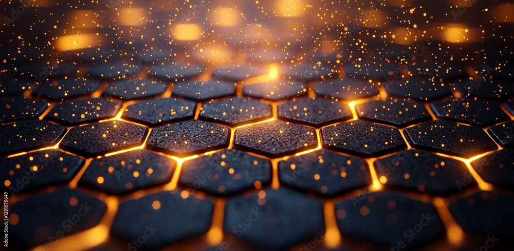 Poster global economic strategy visualized through a hi-tech digital hexagonal network with luminous nodes