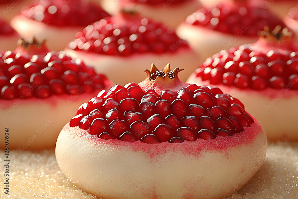 Poster aromatic pomegranate halves displaying ruby red seeds on a sparkling white surface