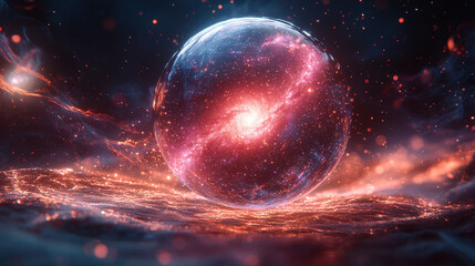 Fototapeta premium Floating glass sphere reveals a miniature galaxy, illuminated by vibrant abstract light trails in a cosmic backdrop