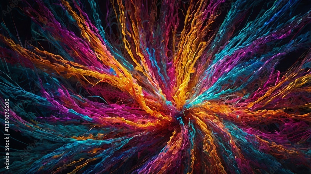 Poster vibrant neon fibers interwoven in abstract swirls with dynamic light effects and fractal patterns on
