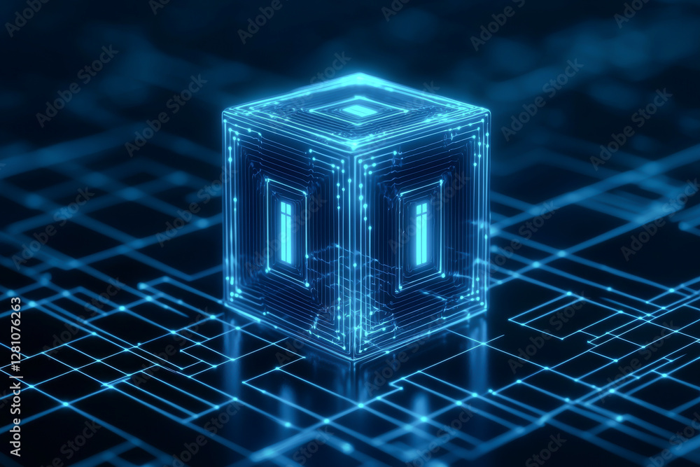 Poster futuristic digital cube with glowing lines, symbolizing advanced technology and data.
