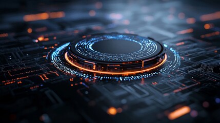 A futuristic, AI-powered quantum computer visual, with neon circuitry, data flow, and glowing blue lights to convey intelligence, innovation, and the might of quantum technology