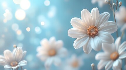 White daisies against a blurred blue sky highlight delicate petals and yellow centers, creating a soft, dreamy summer meadow scene with natural lighting.