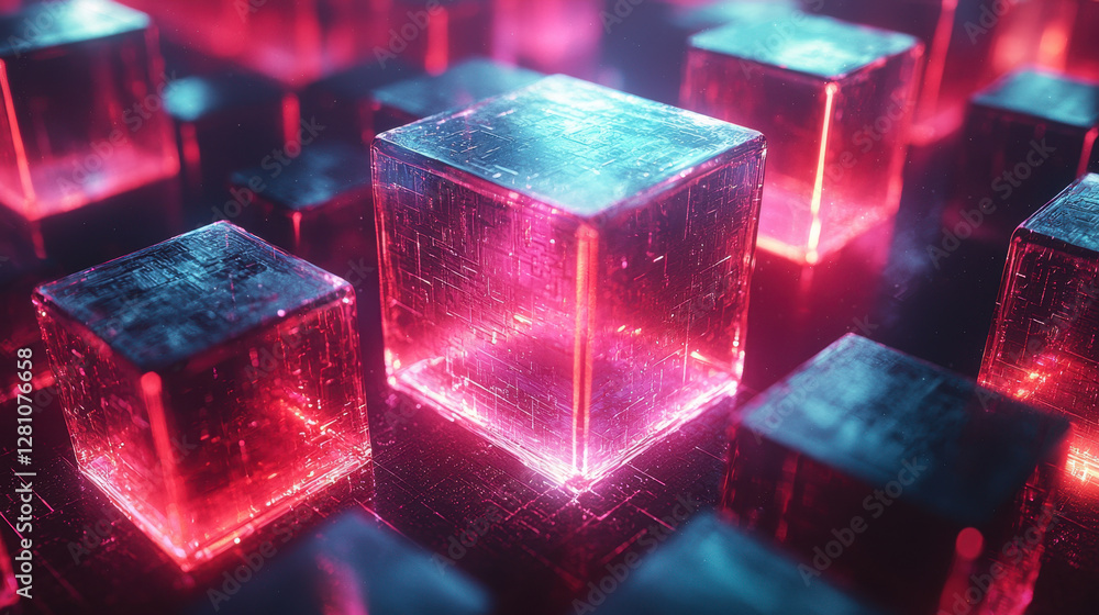 Poster futuristic abstract city composed of floating transparent cubes illuminated by vibrant neon glows sh