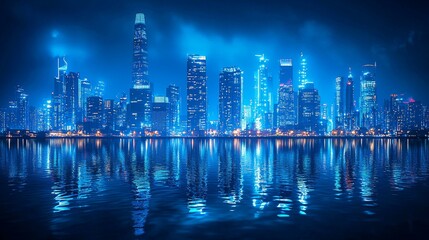 Fototapeta premium Lights illuminate a high-tech oil refinery at night, offering a panoramic scene