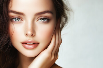 Close-up portrait of a young beautiful woman with flawless skin, natural makeup, and striking blue eyes. Concept of beauty, skincare, cosmetics, glamour, self-care. Beauty industry, skincare, facial