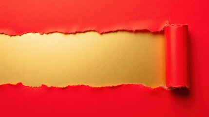 Torn red paper revealing shiny gold background, creating striking contrast