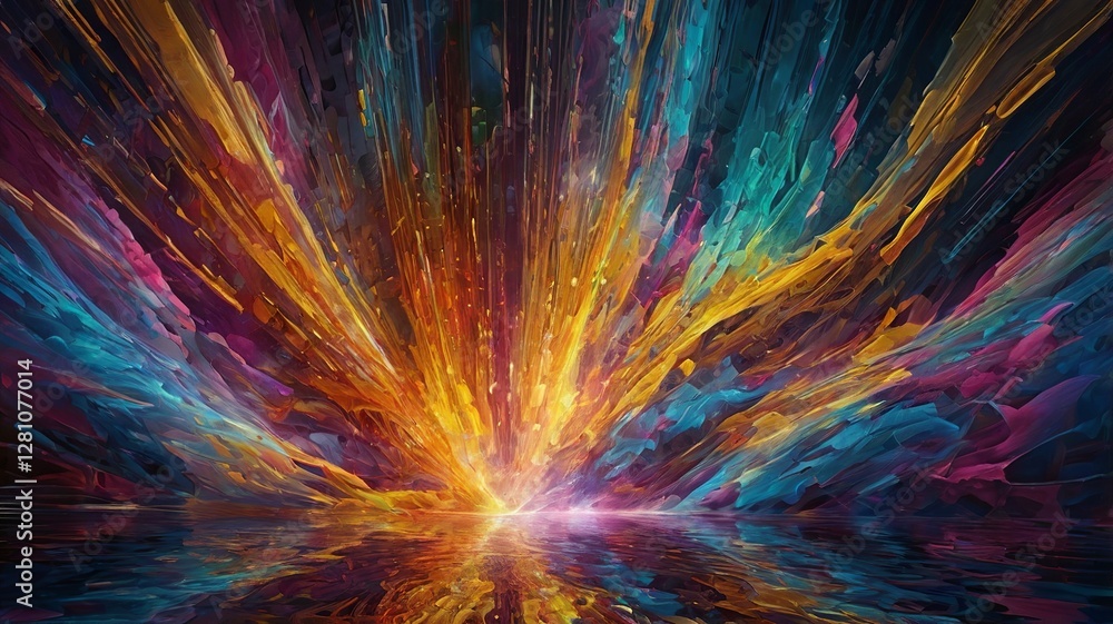 Poster abstract colorful light explosion with vibrant and dynamic textures on reflective surface